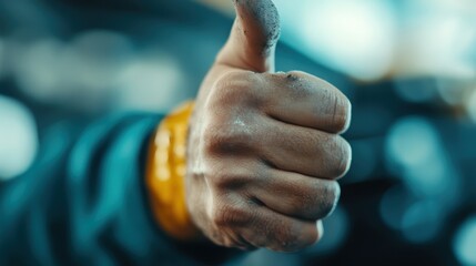 Close-up of a mechanic's hand, dirty from work, giving a thumbs-up gesture. The background shows a blurred workshop environment with tools and equipment.