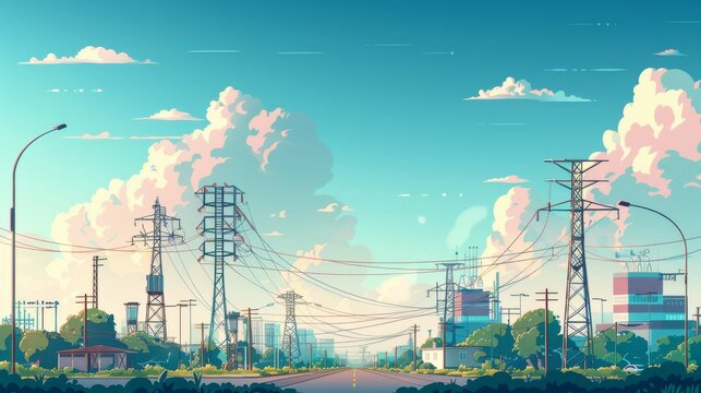 Cartoon vector electric grid with interconnected substations and power lines