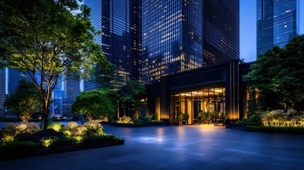 Fototapeta premium Elegant urban landscape at night featuring illuminated building and lush greenery, creating a serene and modern atmosphere.