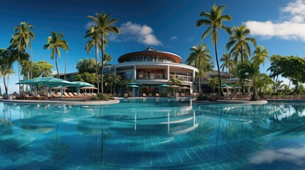 beautiful views of the resort with blue clear sky, swimming pool and palm trees 