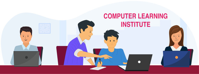 Students are learning computer by tutor in the institute. vector illustration. 