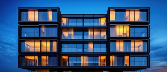Modern architectural building with illuminated windows against a twilight sky, showcasing sleek design and urban living.