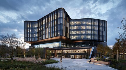 Obraz premium Modern architectural design of a sleek office building at dusk, showcasing innovative structure and vibrant landscape.
