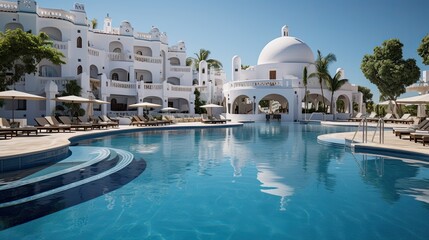 beautiful views of the resort with blue clear sky, swimming pool and palm trees  