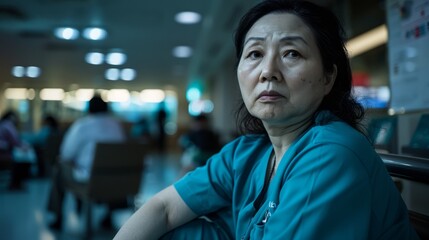 Fototapeta premium Asian Nurse in Hospital Lounge Taking a Break During Night Shift.