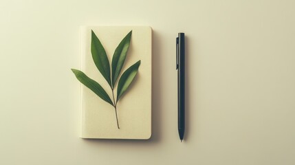 A Closed Notebook, a Green Leaf, and a Black Pen