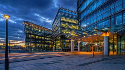Fototapeta premium Modern office building exterior illuminated at sunset, showcasing sleek architecture and vibrant colors in an urban setting.