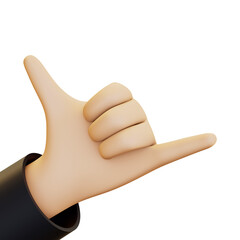 3D render of a hand making the 'hang loose' gesture with the thumb and pinky extended. Perfect for surf culture, relaxation, or informal greetings. High-resolution 3D stock illustration.