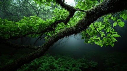 A lush green forest with vibrant leaves on a branch extending towards the viewer, creating a fresh and inviting natural environment in a misty background.