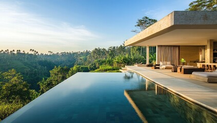 Fototapeta premium Modern house with infinity pool overlooking lush jungle.