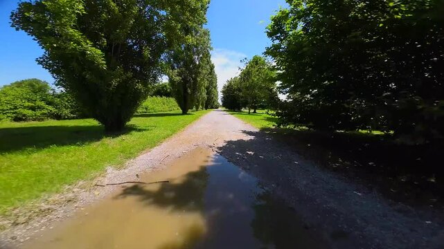 View from the first flight on the FPV drone. Video Shooting on an ultra-wide angle camera. Fast and dynamic flight on a sports quadcopter gvnf.obksz yn lipo batteries. Nature. Tuscany Italy 17.08.2024