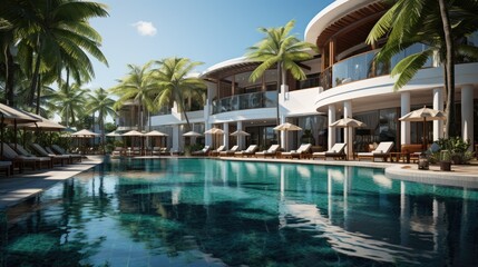 Fototapeta premium beautiful views of the resort with blue clear sky, swimming pool and palm trees 