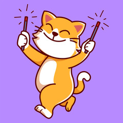 cute cat happy playing fireworks Vector Illustration Icon. Flat Cartoon Style