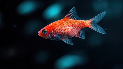 A single bright orange fish swims gracefully in dark blue water, creating a striking contrast and capturing the essence of aquatic serenity and vibrant marine life.