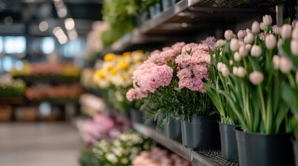 A collection of vibrant flower arrangements including pink, yellow, and white blooms, displayed in a modern floral shop, highlighting the beauty of fresh flowers.