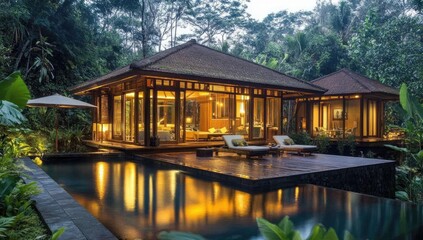 Fototapeta premium A tropical house with a pool and lounge chairs.