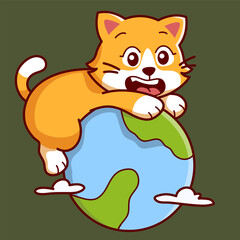 cute cat on the earth Vector Illustration Icon. Flat Cartoon Style