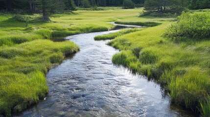 A Serpentine Stream Winding Through a Lush Meadow