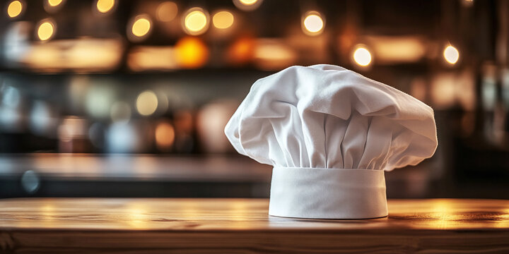 White chef hat on a wooden table and decoration,
