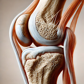 3D model illustration human Bone anatomy: high-resolution image of a knee joint for medical visualization, ball-and-socket joint to show its range of motion, medical education, diagram of a human hing