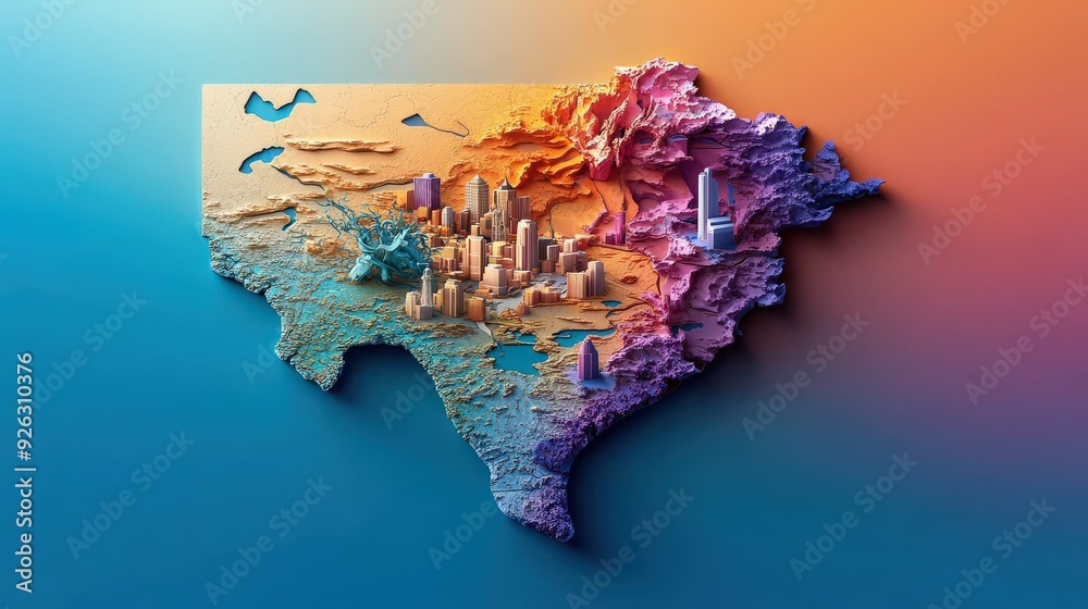 Wall mural A stylized state map of Texas with major rivers and geographical landmarks in vibrant colors.