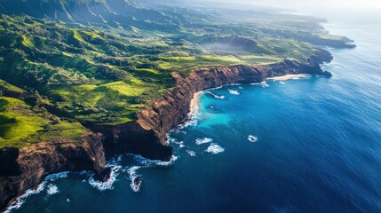 Fototapeta premium Aerial View of Rugged Coastline with Lush Green Hills and Blue Ocean
