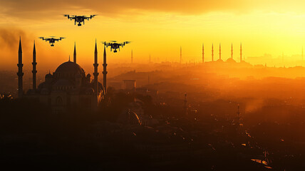 A cityscape bathed in golden light at sunset with drones hovering overhead, while the silhouette of a mosque and its minarets dominate the skyline. Ai generated