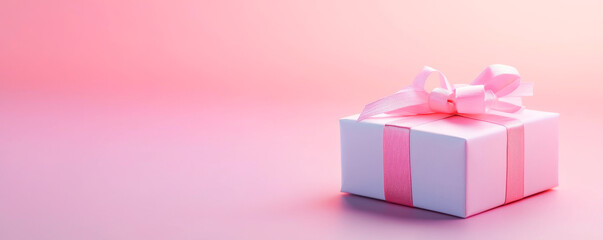 A beautifully wrapped gift box with a pink ribbon, set against a soft pink background, perfect for celebrations and special occasions.