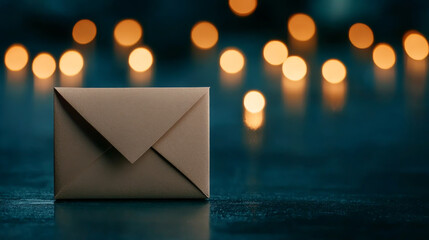 A close-up of a stylish envelope against a backdrop of blurred lights, perfect for conveying messages or invitations.