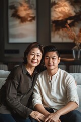 Fototapeta premium Cozy Asian Mother and Son Relaxing Together on a Modern Sofa
