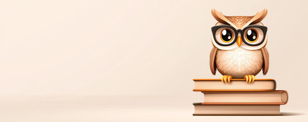 A cute owl wearing glasses perched on stacked books, symbolizing knowledge and wisdom, ideal for educational themes.