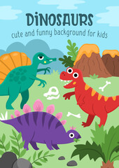 Vector vertical scene with dinosaurs. Ancient period landscape illustration. Cute prehistoric background or book cover for kids with T-rex, spinosaurus. Funny dino scene for kids