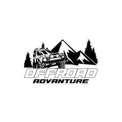 White off-road car logo vector illustration. With views of mountains and pine trees, across rocky terrain. Perfect for logos, posters, stickers and t-shirts © arifin