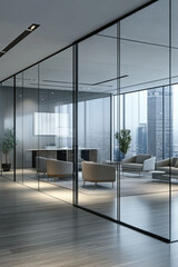 Fototapeta premium Glass partitioned, Modern office interior featuring glass partitions, emphasizing space and transparency. A chic lounge area is present with minimalist furniture. The elegant setup