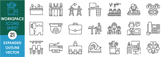 A set of line icons related to Workspace. Office, job, computer, table, employee, labor, placements, meeting, arrangement, cctv, printer, and so on. Vector outline icons set.