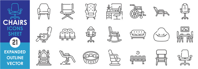 A set of line icons related to Chairs. Rocking, gaming, office, dinner, modern, saloon, gynecology, throne, cinema, waiting room, wheelchair, and so on. Vector outline icons set.