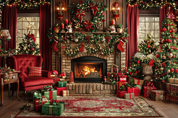 Cozy Christmas Living Room With Fireplace and Decor