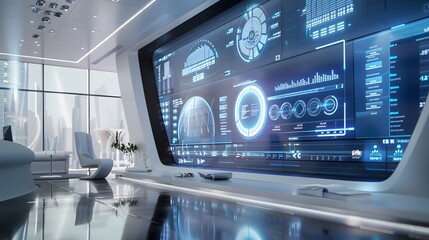 A futuristic office with a large interactive dashboard displaying real-time project statuses, employee performance metrics, and collaborative tools in a sleek environment.