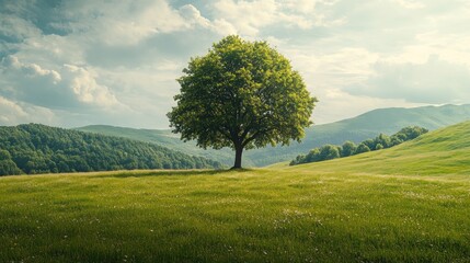Fototapeta premium Solitary Tree on a Rolling Green Hill Against a Cloudy Sky