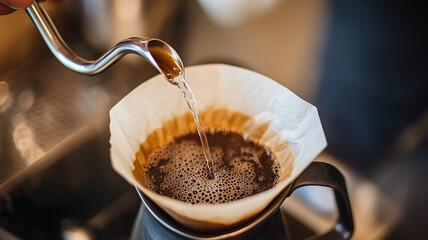 A shot of a coffee enthusiast pouring water from a gooseneck kettle over a coffee filter with a precise pouring technique, capturing the details of the brewing process. Ai generated