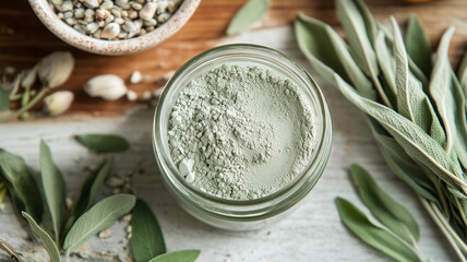 A simple yet elegant composition of green bentonite clay in a glass jar, surrounded by fresh sage and a small ceramic bowl, perfect for a DIY beauty treatment. Ai generated