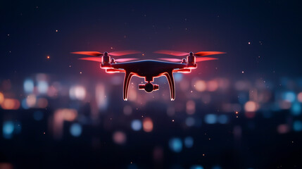 Stunning aerial drone flight showcased against a vibrant city skyline with captivating neon lights.