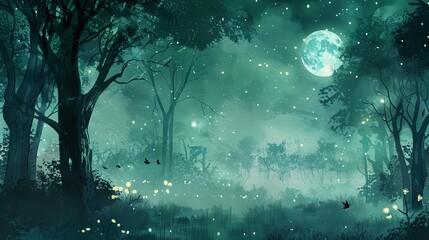 Enchanted Forest Clearing at Night with Fireflies and Glowing Moon.