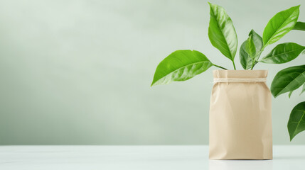 Stylish plant in a beige bag, set against a soft green background, perfect for eco-friendly or minimalist designs.