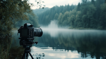 A video camera positioned on a tripod facing a scenic lake at golden hour, with the camera capturing the warm colors of the sunset over the water. Ai generated