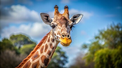 Naklejka premium Giraffe with a tall neck and unique spots , africa, wildlife, animal, tall, giraffe, mammal, safari, art, drawing, spots, nature