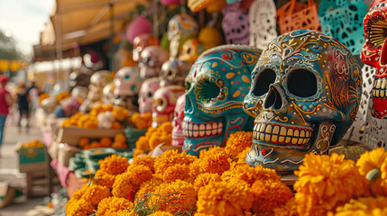 Fototapeta premium Lively Market Scene with Day of the Dead Decorations: A bustling market filled with Day of the Dead decorations, such as papel picado, sugar skulls, and marigolds. With copy space