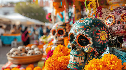 Fototapeta premium Lively Market Scene with Day of the Dead Decorations: A bustling market filled with Day of the Dead decorations, such as papel picado, sugar skulls, and marigolds. With copy space