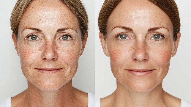 Mature woman before after skin treatment reduced fine lines sagging skin anti-aging results older dermal clinic spa cosmetic skincare peptides retinol collagen filler LED IPL laser menopause aging ad