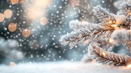 A close-up of snow-dusted pine tree branches adorned with festive lights, capturing the serene beauty of a winter scene with gently falling snow and warm lighting in the background.
